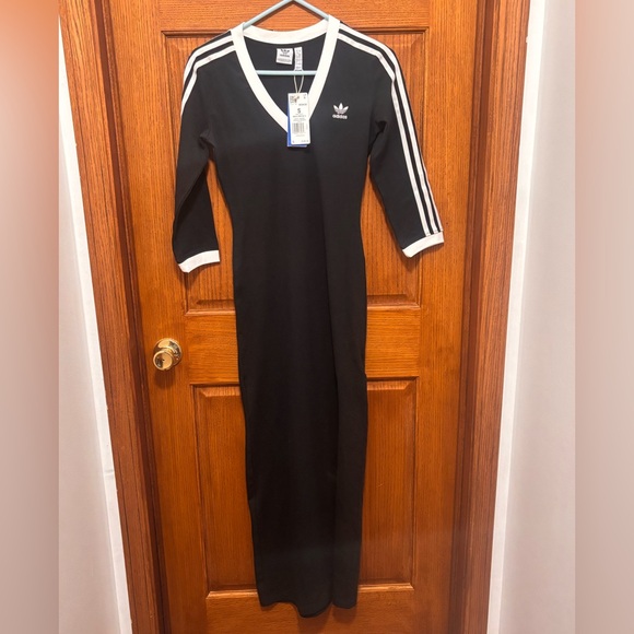 adidas Dresses & Skirts - adidas Black Maxi Dress with White Three-Stripe Trim. Sz S. PTP 16”. NWT